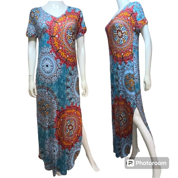NWT Grecerelle Casual Loose Pocket V Neck Medallion Boho Print Maxi Dress Size S - Picture 4 of 13